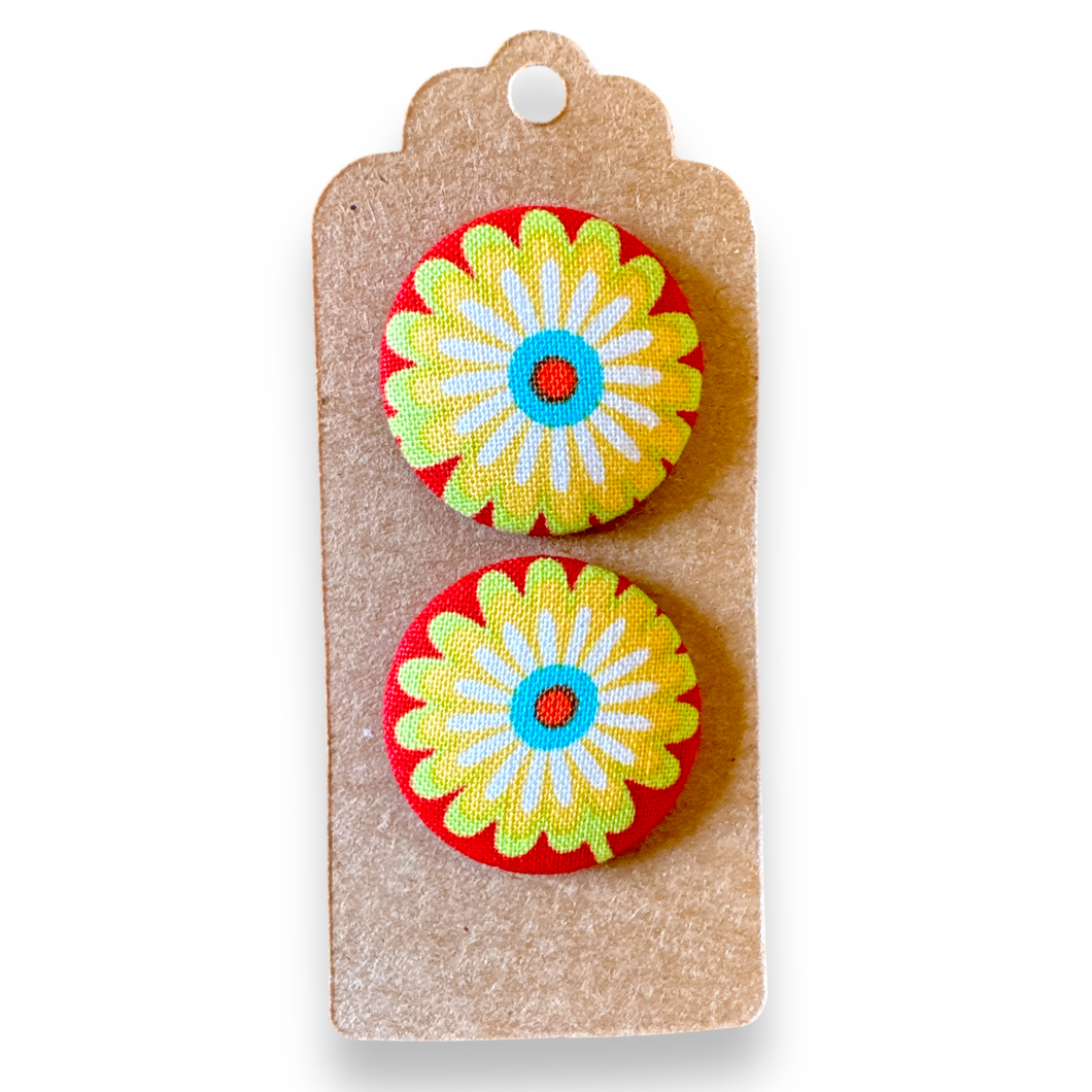 Upcycled fabric covered stud earrings with stainless steel posts - summer daisies