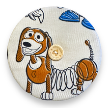 Load image into Gallery viewer, Upcycled double sided round padded playing card holder for kids or adults SLINKY DOG
