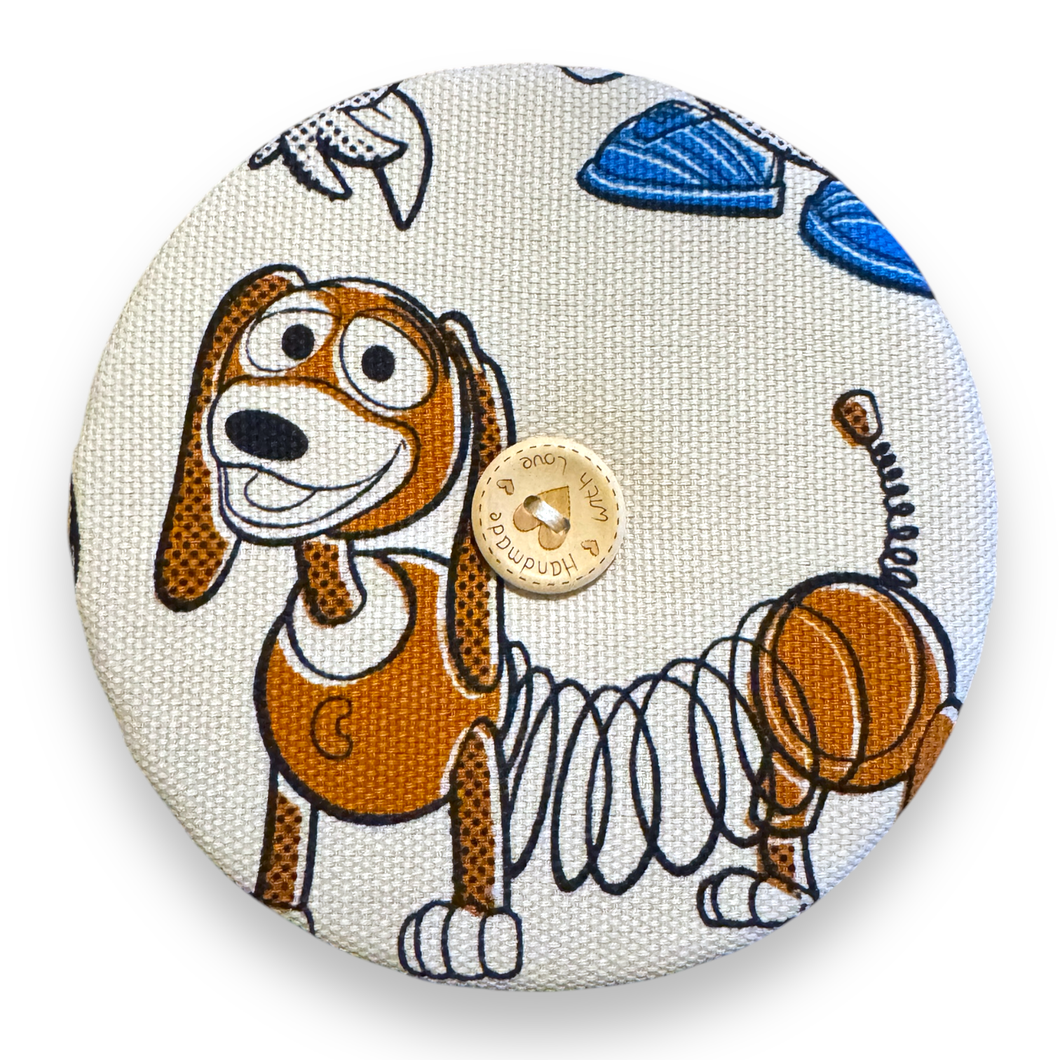 Upcycled double sided round padded playing card holder for kids or adults SLINKY DOG