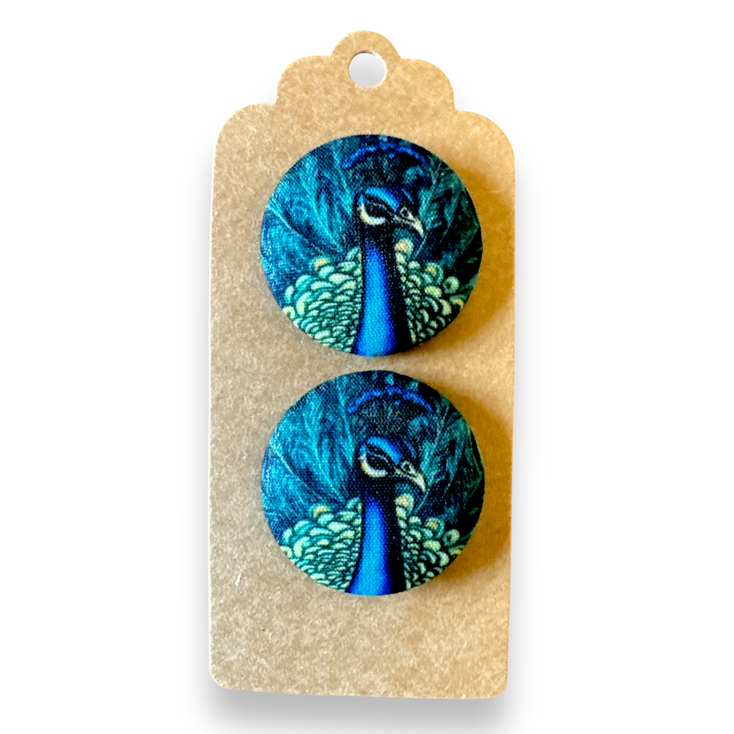 Upcycled fabric covered stud earrings with stainless steel posts - proud as a peacock