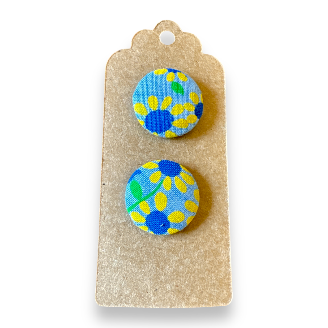 Upcycled fabric covered stud earrings with stainless steel posts - denim daisies