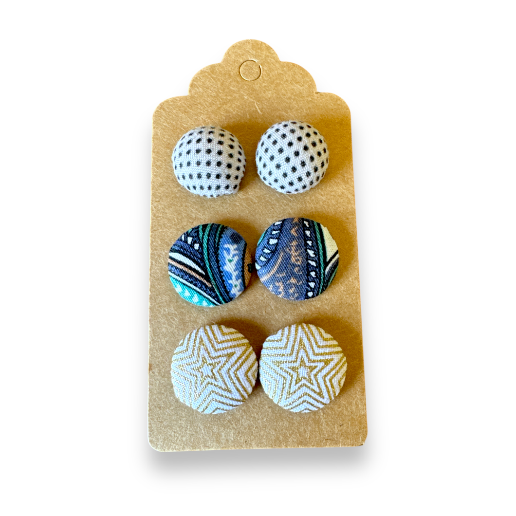Upcycled fabric covered stud earrings with stainless steel posts - SET OF 3 neutrals