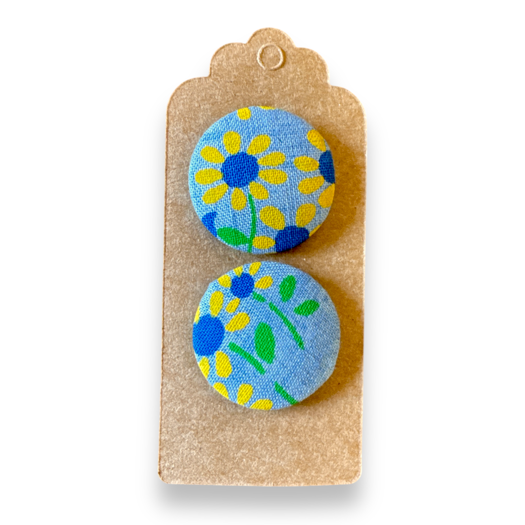 Upcycled fabric covered stud earrings with stainless steel posts - denim daisies