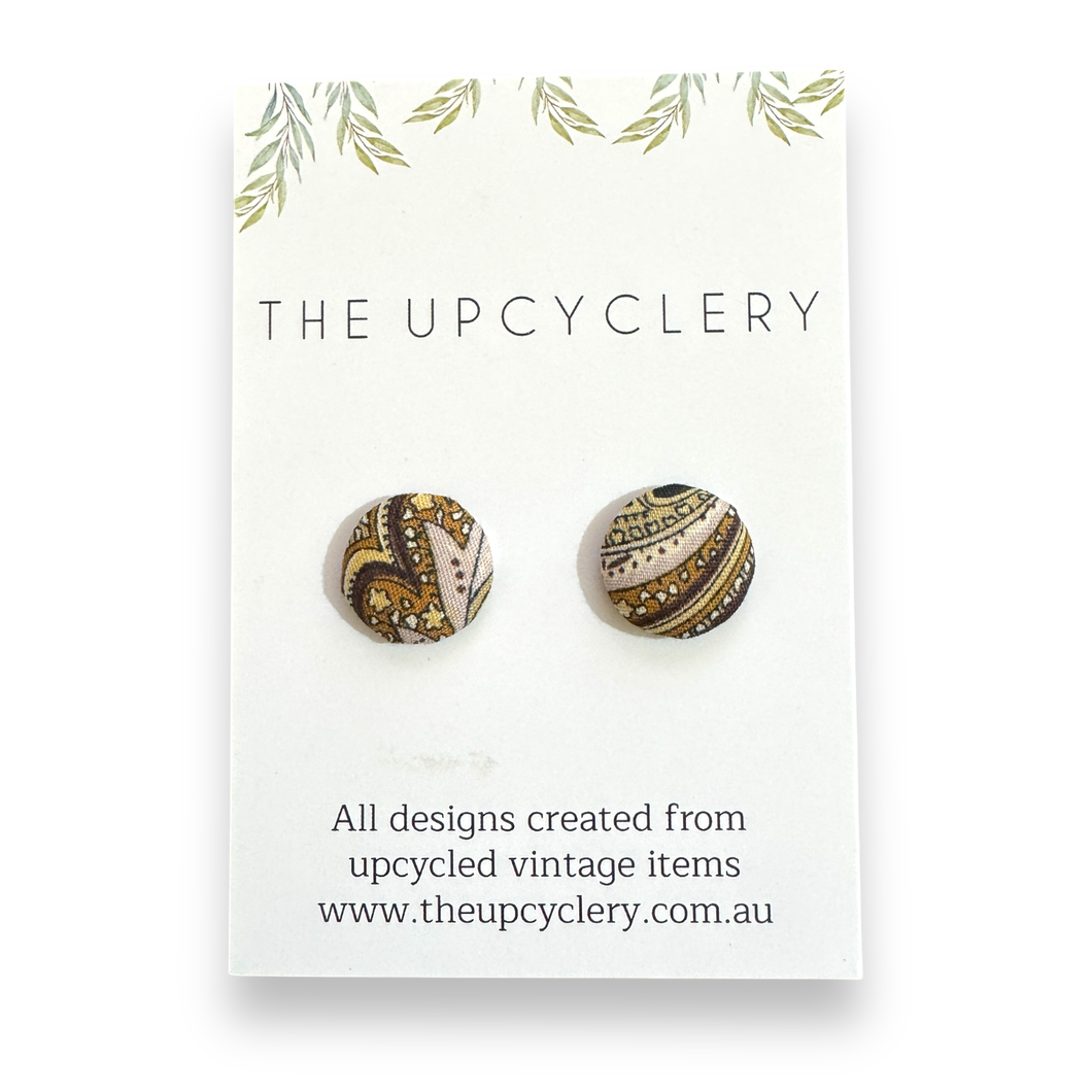 Upcycled fabric covered stud earrings with stainless steel posts - BROWN PAISLEY