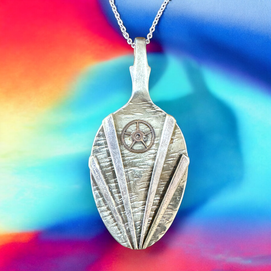 Stunning upcycled repurposed steampunk textured silver-plated pendant made from upcycled cutlery