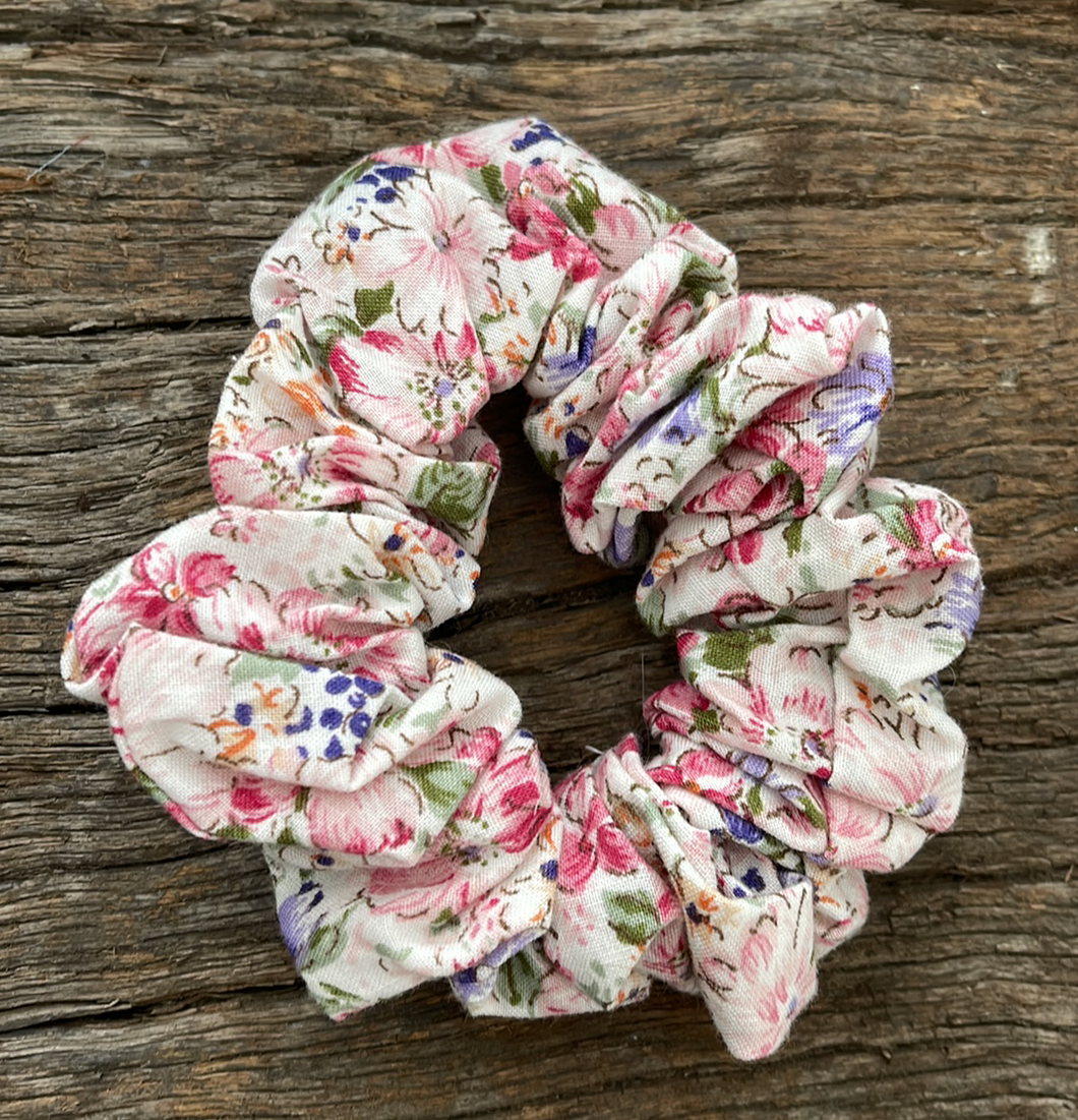 Gorgeous upcycled pink floral elasticated hair tie fabric scrunchie