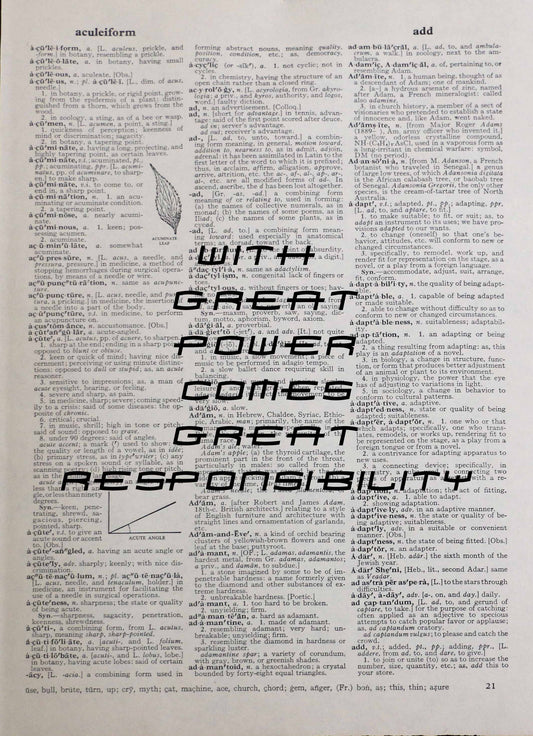 With Great Power inspirational quote personalised customisable vintage dictionary print