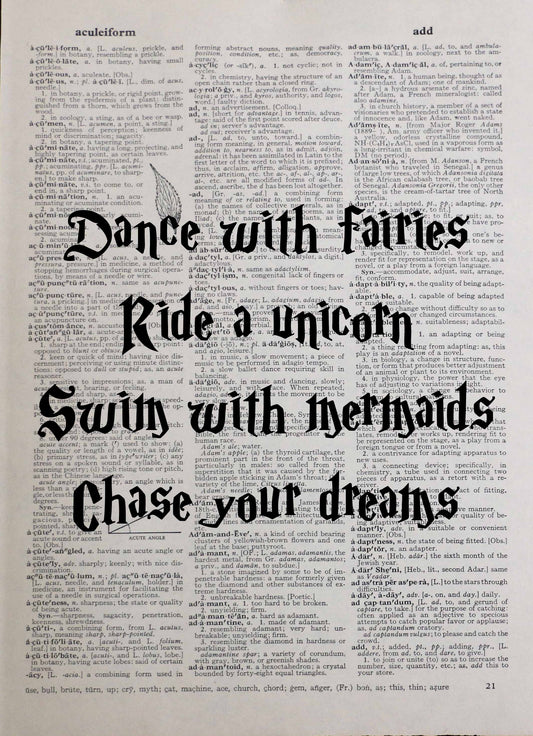 Fairies Unicorn Mermaids Dreams quote personalised customisable vintage dictionary print