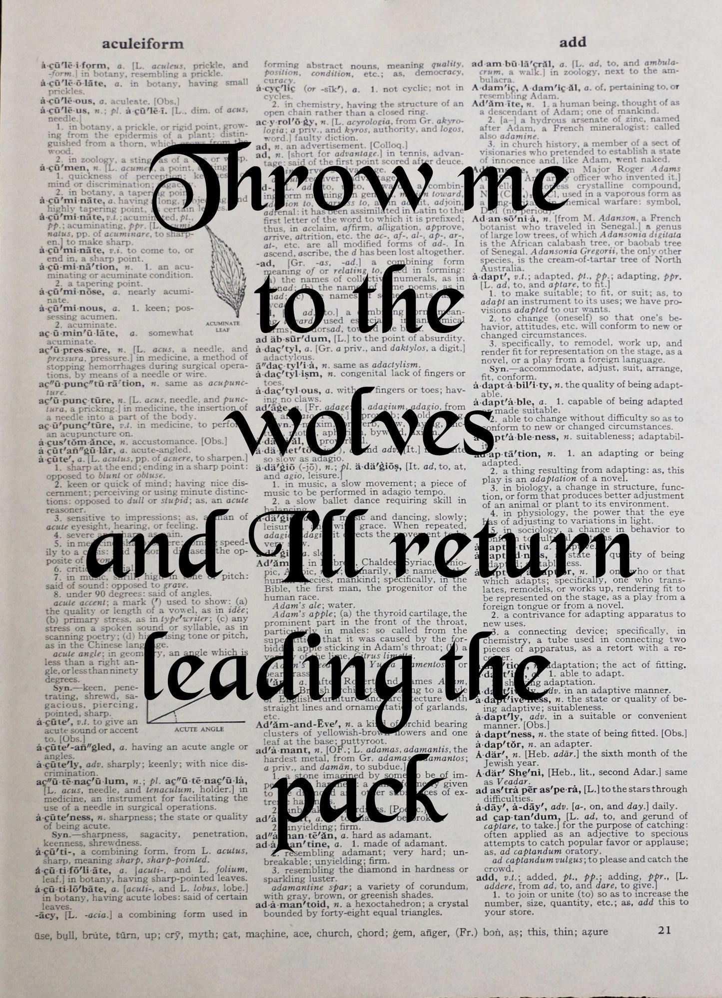 THROW ME TO THE WOLVES personalised customisable inspirational quote vintage dictionary print