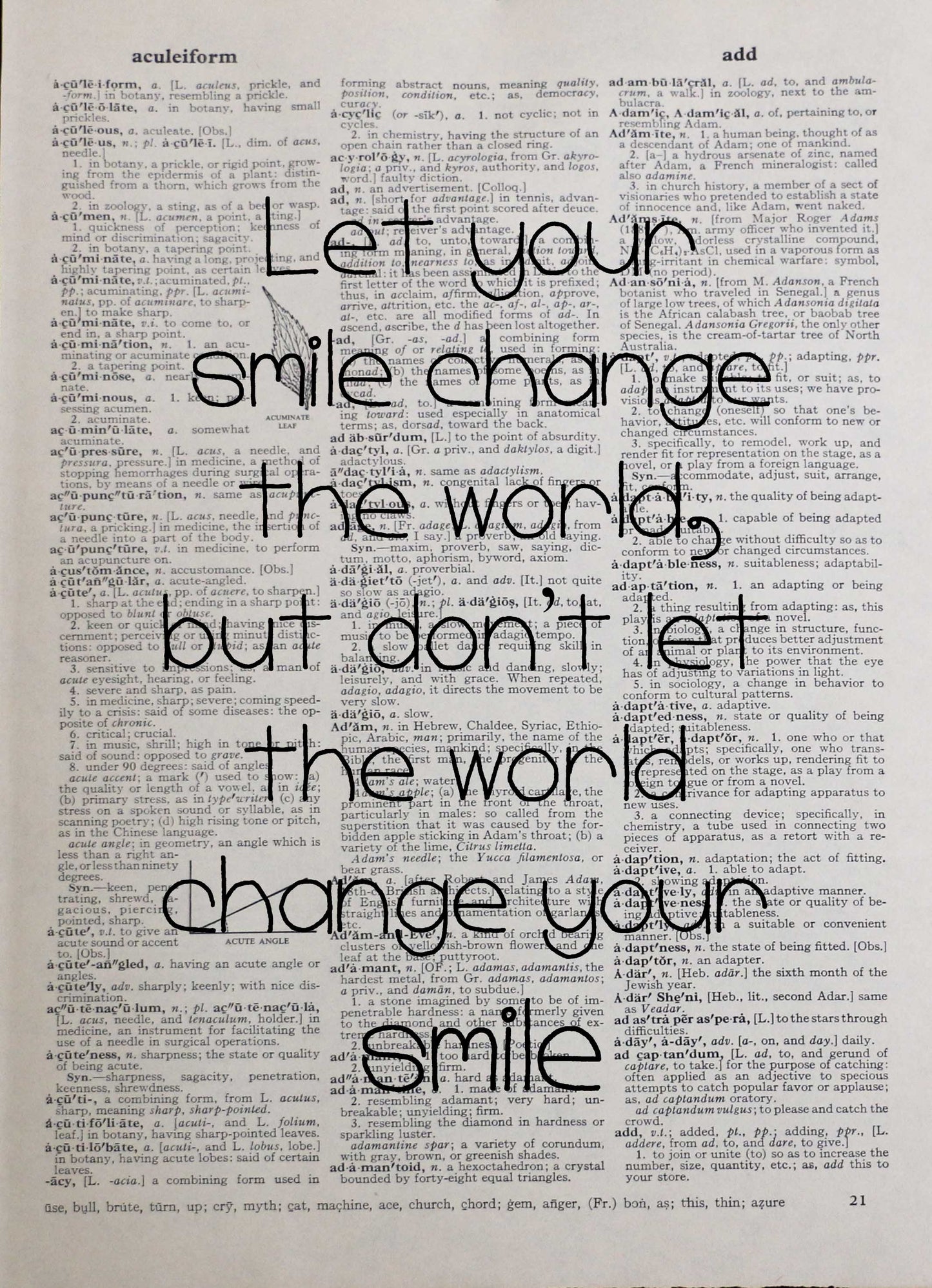 SMILE personalised customisable inspirational quote vintage dictionary print