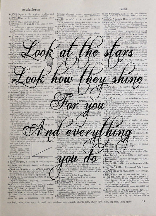 COLDPLAY YELLOW personalised customisable song lyrics vintage dictionary print