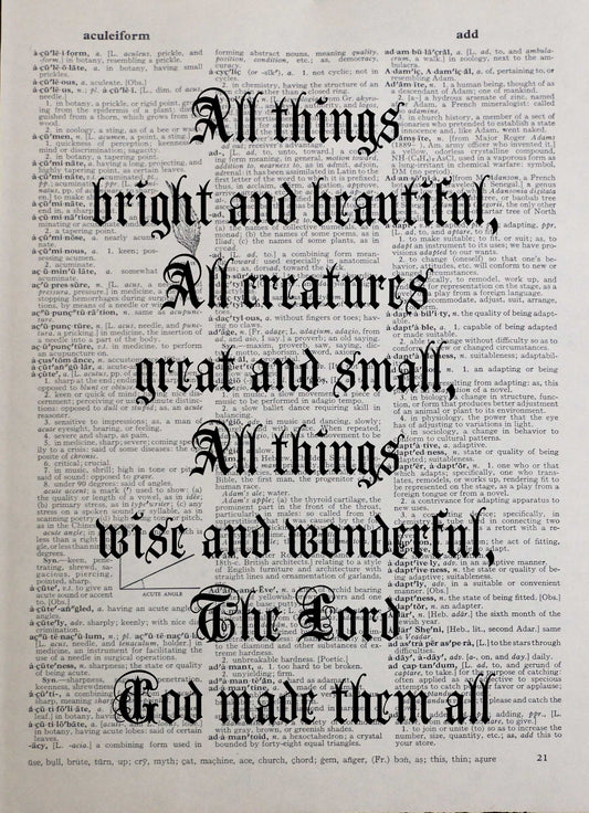 ALL THINGS BRIGHT AND BEAUTIFUL hymn personalised customisable inspirational quote vintage dictionary print