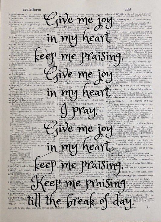 GIVE ME JOY IN MY HEART wedding personalised customisable inspirational quote vintage dictionary print