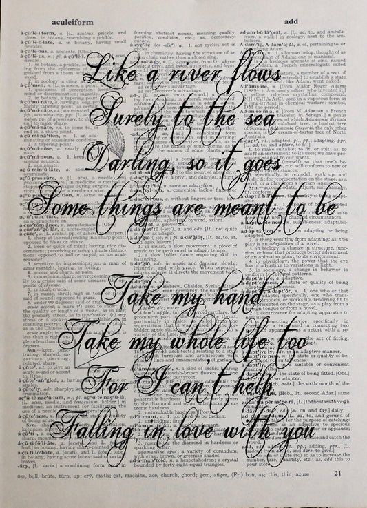 ELVIS Falling In Love With You personalised customisable song lyrics vintage dictionary print