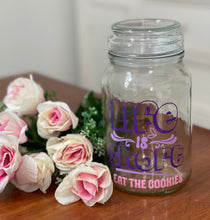 Load image into Gallery viewer, Upcycled airtight clear glass canister cookie jar with funny decal design
