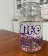 Load image into Gallery viewer, Upcycled airtight clear glass canister cookie jar with funny decal design
