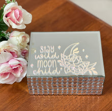 Load image into Gallery viewer, Stunning upcycled mirror jewellery box with shimmery &#39;STAY WILD MOON CHILD&#39; decal design
