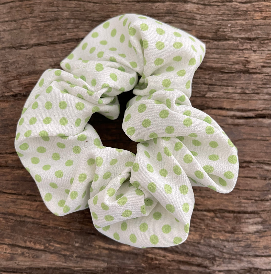 Gorgeous upcycled green polka dot elasticated hair tie fabric scrunchie