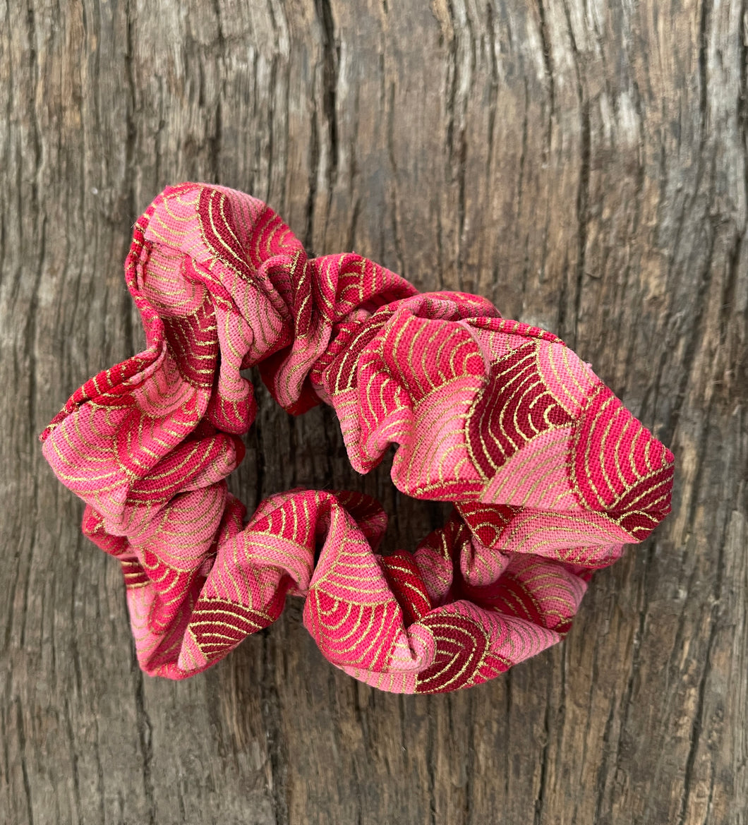 Gorgeous upcycled reds and pinks dot elasticated hair tie fabric scrunchie