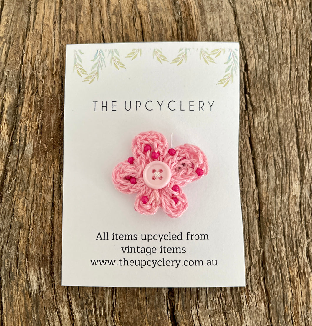 Cute upcycled pink hand beaded knitted flower hair clip slide barrette with vintage vibe