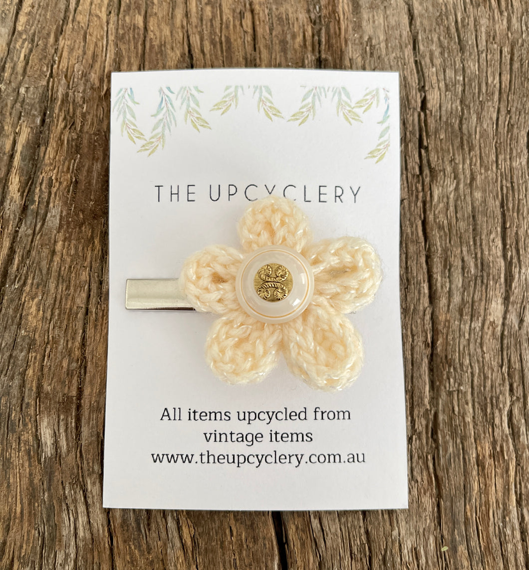 Cute upcycled cream sparkle knitted flower hair clip slide barrette with vintage vibe