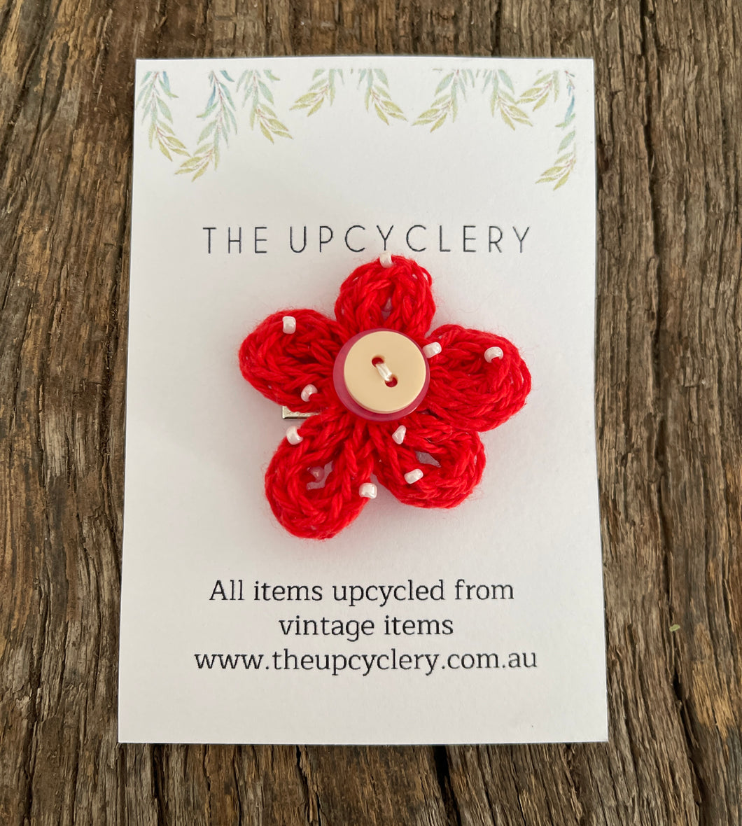 Cute upcycled red hand beaded knitted flower hair clip slide barrette with vintage vibe
