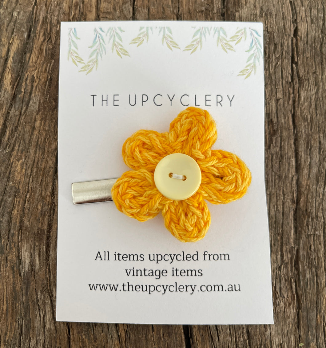 Cute upcycled lemon & yellow knitted flower hair clip slide barrette with vintage vibe