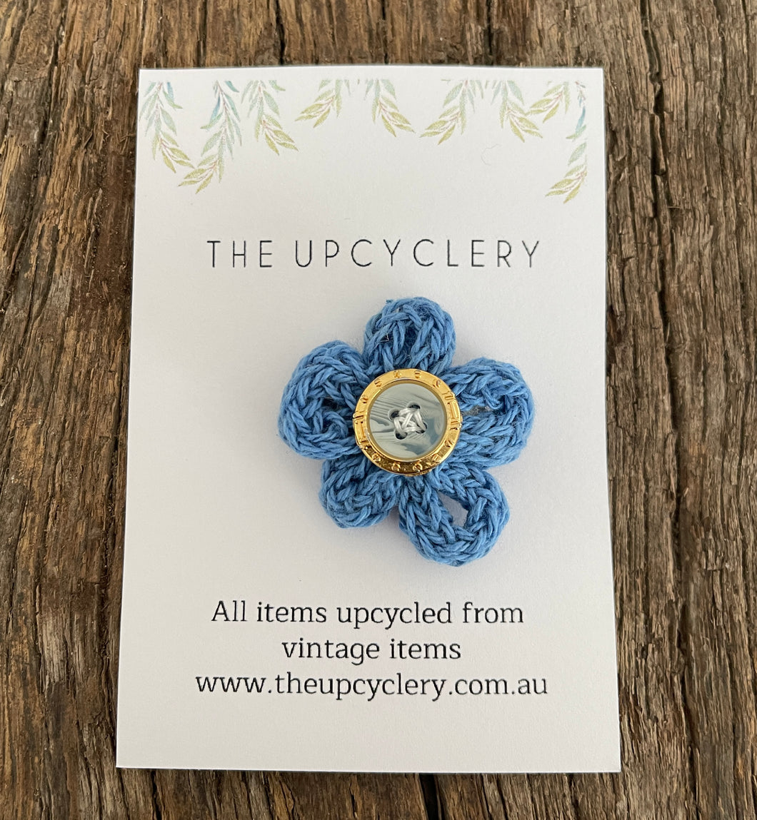Cute upcycle blue knitted beaded flower hair clip slide barrette with vintage vibe