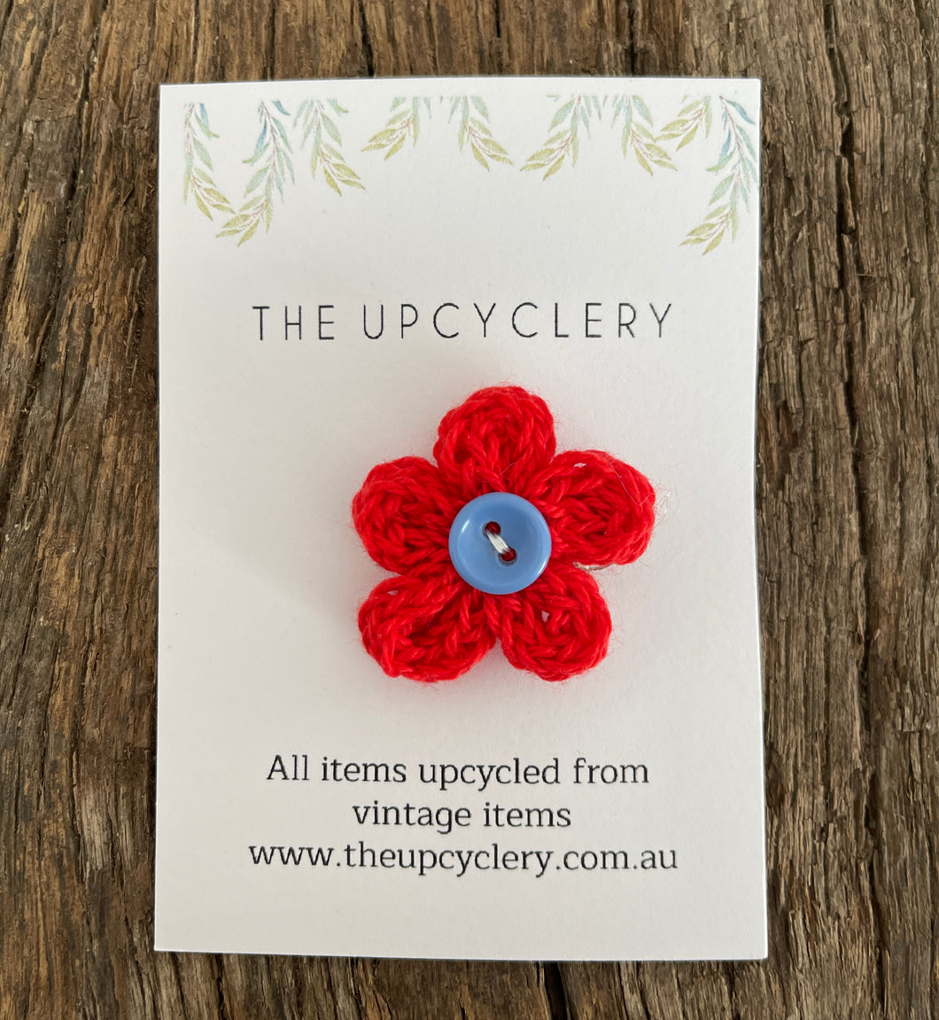 Cute upcycled red & blue knitted flower hair clip slide barrette with vintage vibe