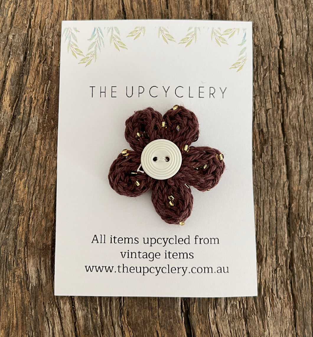Cute upcycled brown hand beaded knitted flower hair clip slide barrette with vintage vibe