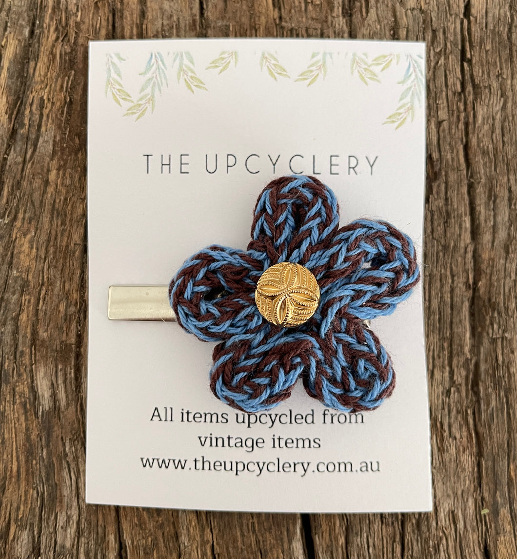 Cute upcycled blue & chocolate knitted flower hair clip slide barrette with vintage vibe