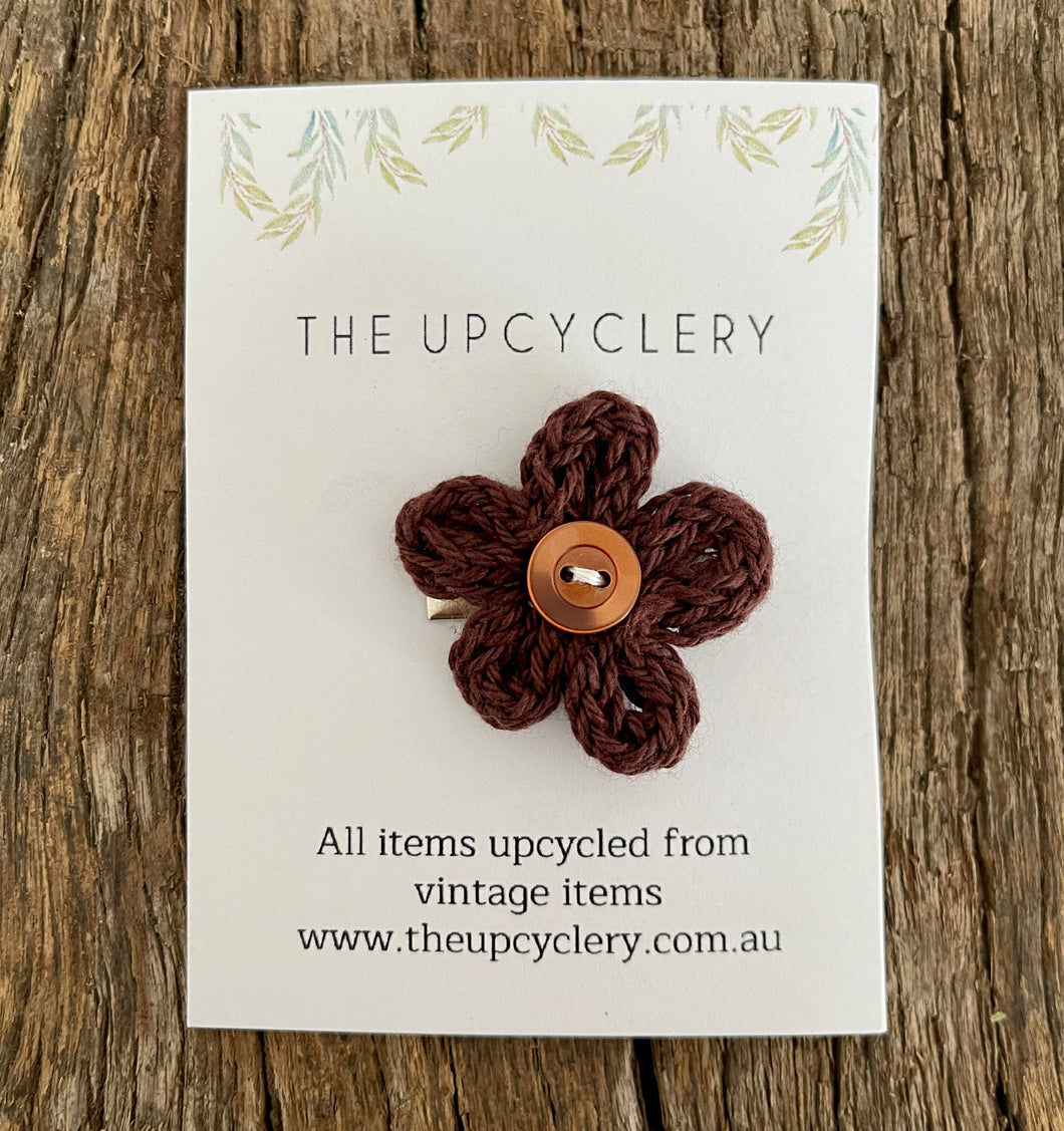 Cute upcycled brown knitted flower hair clip slide barrette with vintage vibe