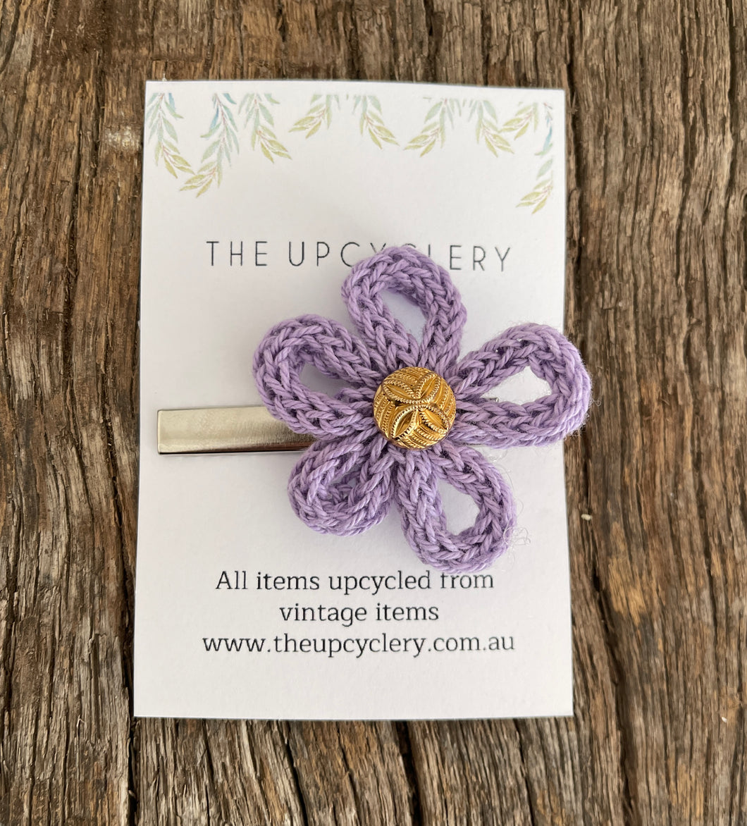 Cute upcycled purple knitted flower hair clip slide barrette with vintage vibe