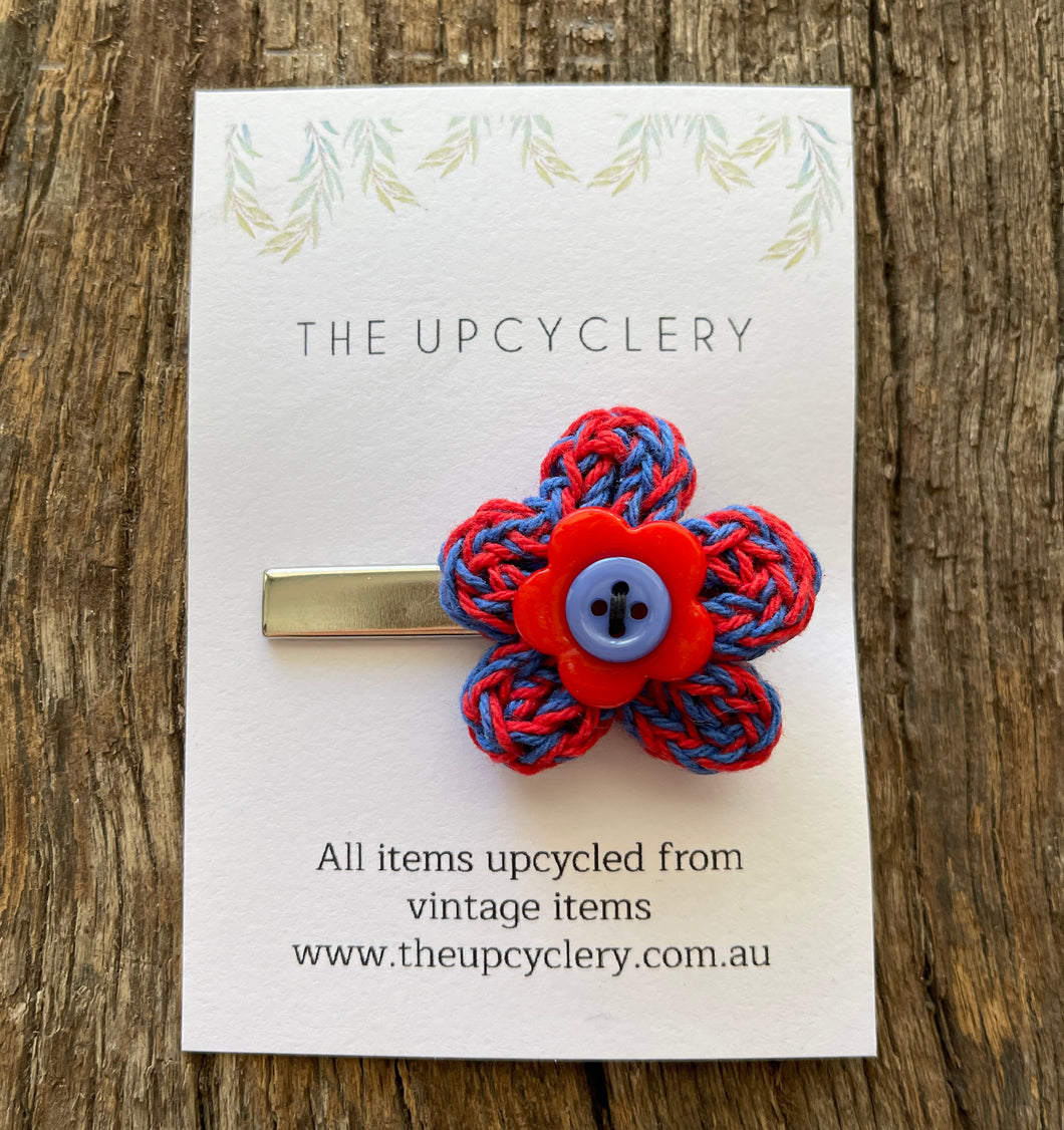 Cute upcycle red & blue knitted flower hair clip slide barrette with vintage vibe