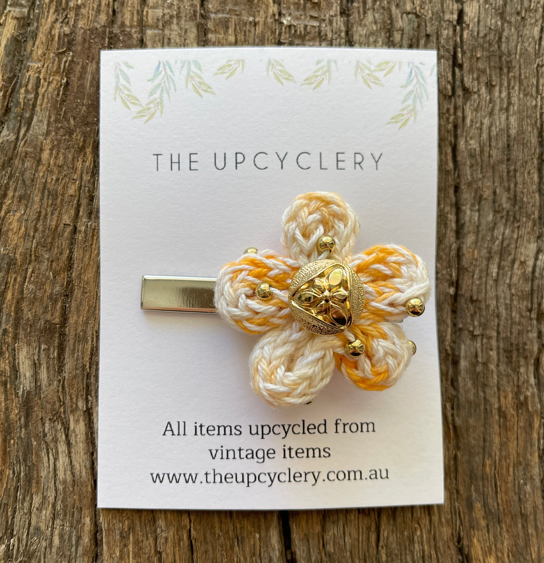 Cute upcycled yellow white & gold beaded knitted flower hair clip slide barrette with vintage vibe