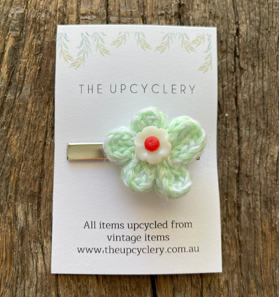 Cute upcycle green and white knitted flower hair clip slide barrette with vintage vibe