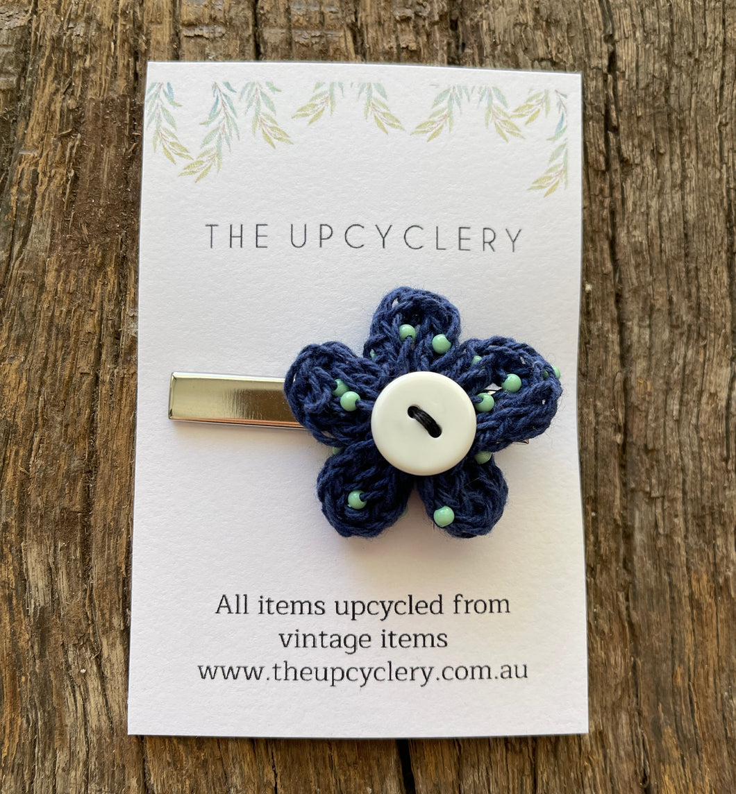 Cute upcycle navy and green knitted beaded flower hair clip slide barrette with vintage vibe