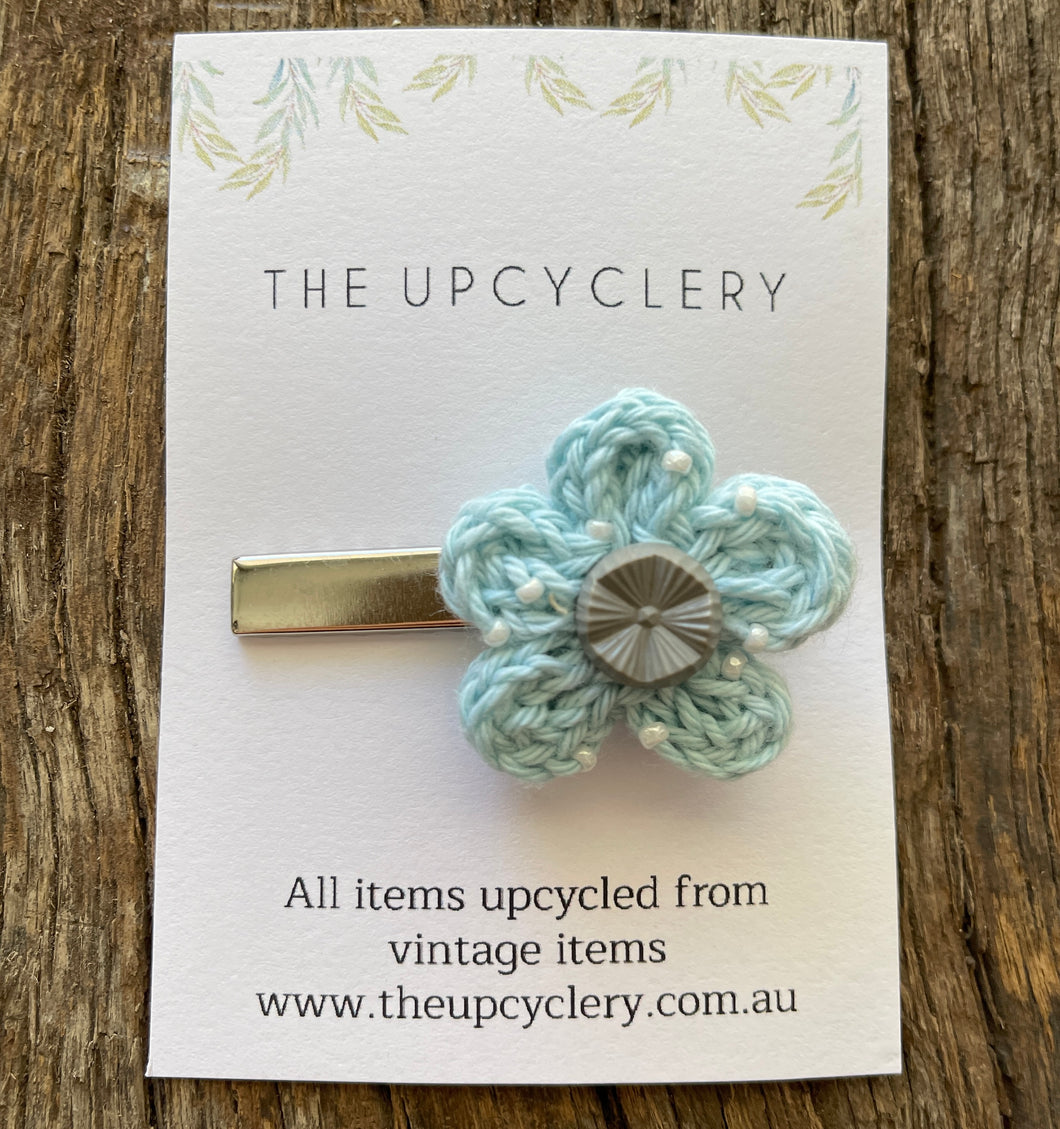 Cute upcycle dusky blue knitted beaded flower hair clip slide barrette with vintage vibe