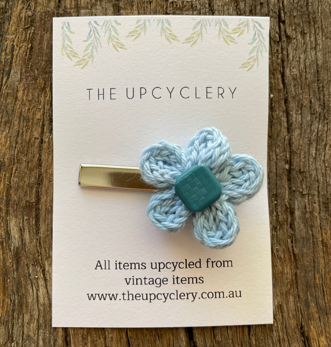 Cute upcycle turquoise knitted flower hair clip slide barrette with vintage vibe