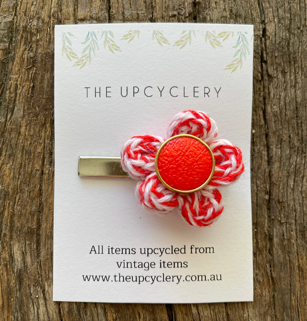 Cute upcycle red and white knitted flower hair clip slide barrette with vintage vibe