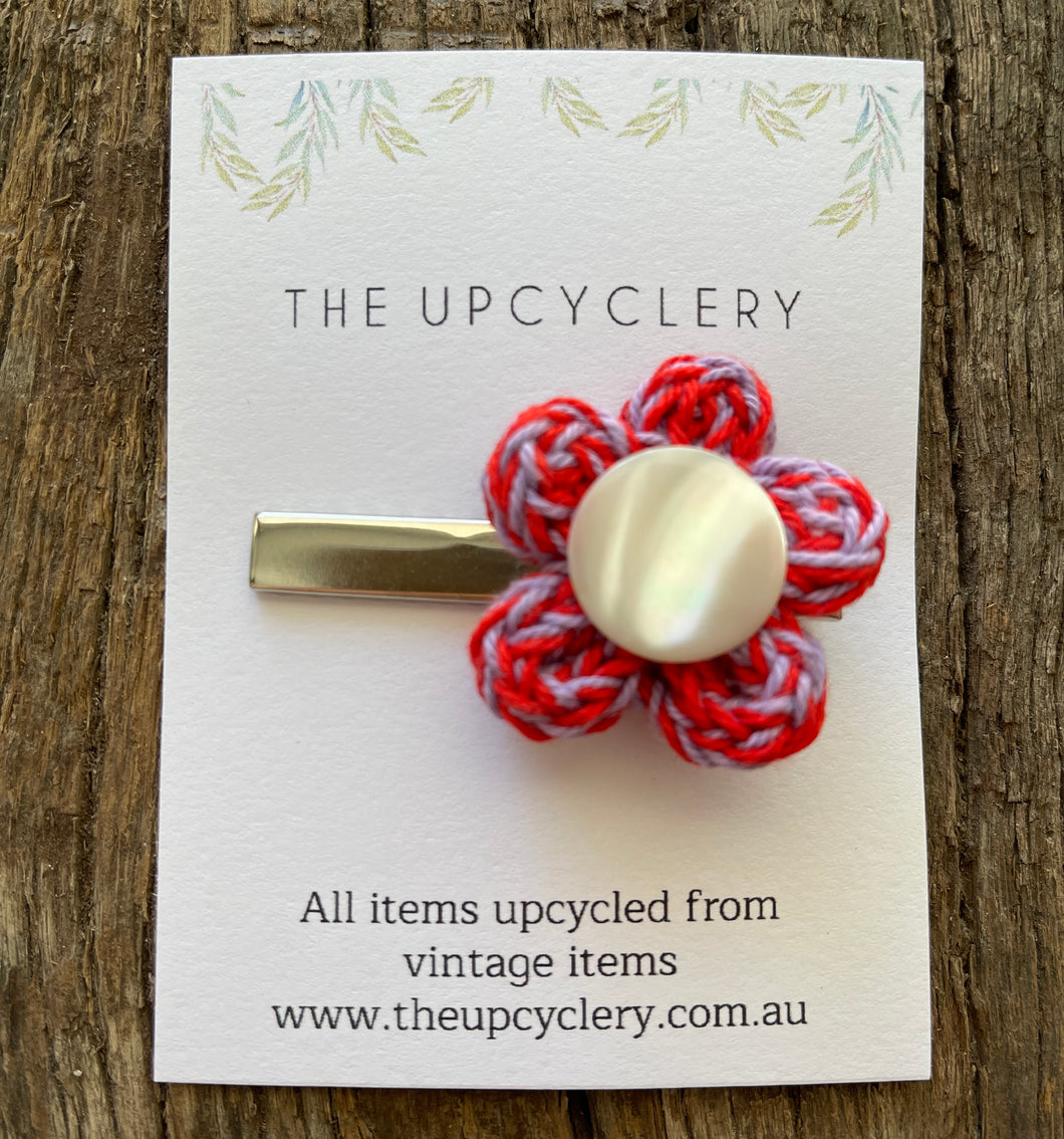 Cute upcycle lilac and red knitted flower hair clip slide barrette with vintage vibe
