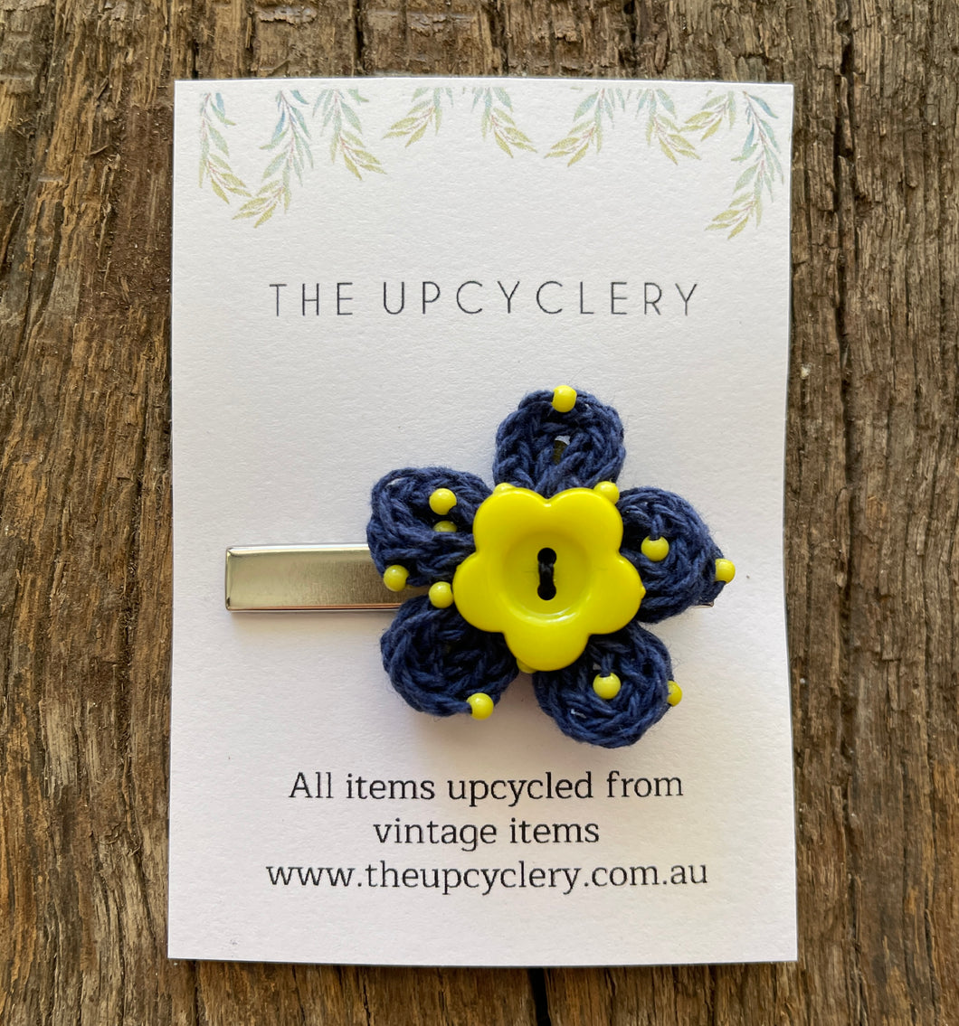 Cute upcycle navy and yellow knitted beaded flower hair clip slide barrette with vintage vibe