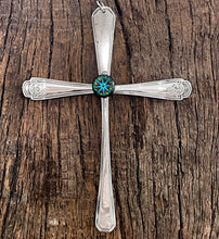 Load image into Gallery viewer, Beautiful crucifix cross hanging ornament made from upcycled silver plated cutlery &amp; glass cabouchon
