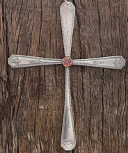 Load image into Gallery viewer, Beautiful crucifix cross hanging ornament made from upcycled silver plated cutlery &amp; glass cabouchon
