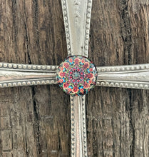 Load image into Gallery viewer, Beautiful crucifix cross hanging ornament made from upcycled silver plated cutlery &amp; glass cabouchon
