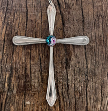 Load image into Gallery viewer, Beautiful crucifix cross hanging ornament made from upcycled silver plated cutlery &amp; glass cabouchon
