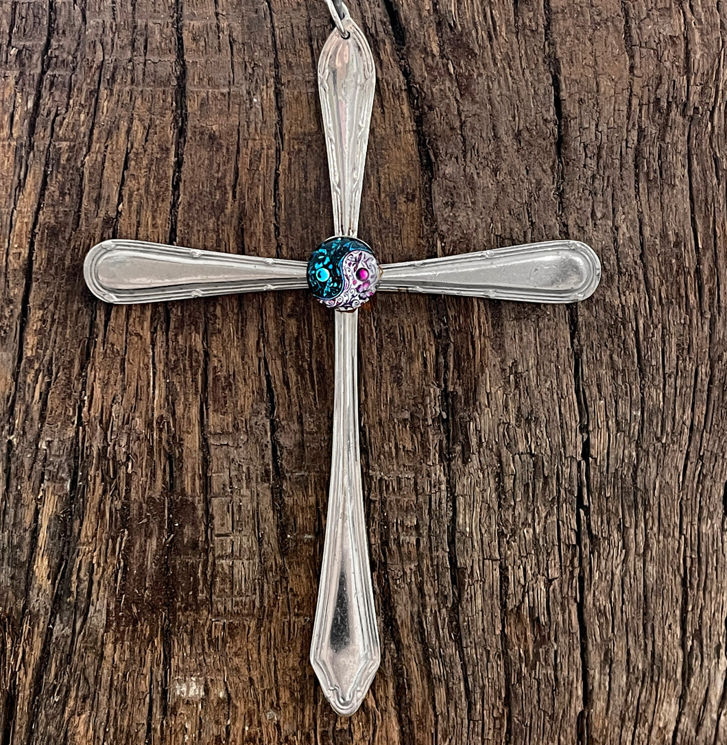 Beautiful crucifix cross hanging ornament made from upcycled silver plated cutlery & glass cabouchon