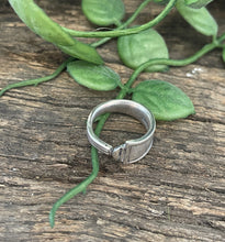 Load image into Gallery viewer, Stunning upcycled repurposed silver plated ring made from vintage cutlery S Size I approx
