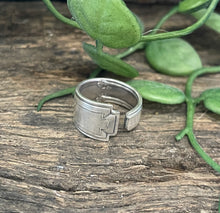 Load image into Gallery viewer, Pretty Celtic upcycled repurposed silver plated ring made from vintage cutlery S Size K approx
