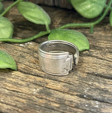 Load image into Gallery viewer, Pretty Celtic upcycled repurposed silver plated ring made from vintage cutlery S Size K approx
